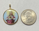 Vintage NOS 10KT Yellow Gold Enameled Saint Anthony & Sacred Heart of Jesus Scapular 23.7mm Medal