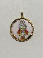 Vintage NOS 10KT Yellow Gold Enameled Infant of Prague & Sacred Heart of Jesus Scapular 23.7mm Medal