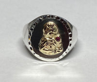 Sterling Silver and 14 Karat Yellow Gold Saint Barbara with Genuine Ruby Man's Signet Ring