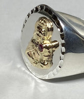 Sterling Silver and 14 Karat Yellow Gold Saint Barbara with Genuine Ruby Man's Signet Ring