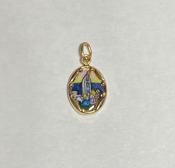 Vintage NOS 10K Enameled Our Lady of Fatima "Nuestra Sra de Fatima" 13mm x 10mm Oval Medal