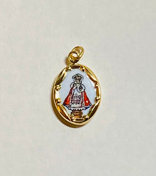 Vintage NOS 10K Yellow Gold Enameled Infant of Prague "Niño de Praga" 13mm x 10mm Oval Medal