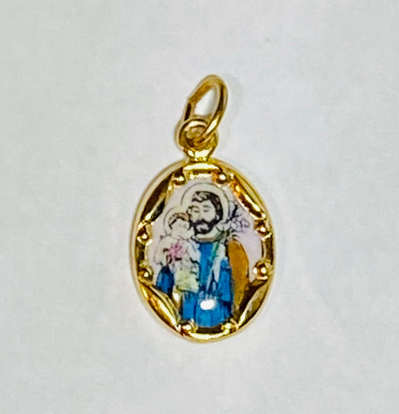 Vintage NOS 10K Yellow Gold Enameled Saint Joseph "San Jose" 13mm x 10mm Oval Medal