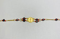 14K Yellow Gold Genuine Azabache Jet-Coral Miraculous "Milagrosa" Medal 7" Curb Bracelet