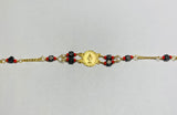 14K Yellow Gold Genuine Azabache Jet-Coral Miraculous "Milagrosa" Medal 7" Curb Bracelet