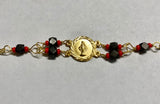 14K Yellow Gold Genuine Azabache Jet-Coral Miraculous "Milagrosa" Medal 7" Curb Bracelet