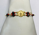 14K Yellow Gold Genuine Azabache Jet-Coral Miraculous "Milagrosa" Medal 7" Curb Bracelet