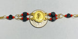 14K Yellow Gold Genuine Azabache Jet-Coral Ecce Homo "Gran Poder de Jesus" Medal 7" Curb Bracelet