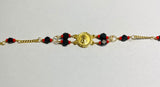 14K Yellow Gold Genuine Azabache Jet-Coral Ecce Homo "Gran Poder de Jesus" Medal 7" Curb Bracelet