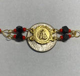 14K Ylw Gold Genuine Azabache Jet-Coral Sacred Heart of Jesus "Sagrado Corazon" Medal 7" Curb Bracelet