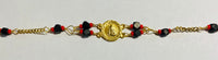 14K Ylw Gold Genuine Azabache Jet-Coral Sacred Heart of Jesus "Sagrado Corazon" Medal 7" Curb Bracelet