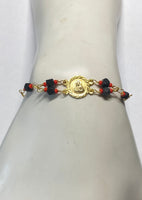 14K Ylw Gold Genuine Azabache Jet-Coral Sacred Heart of Jesus "Sagrado Corazon" Medal 7" Curb Bracelet