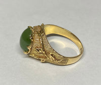 Vintage 1960's 18 Karat Yellow Gold and Genuine 10 x 8mm Oval Cabochon Nephrite Jade Ladies Floral Ring