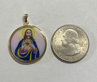 Vintage NOS 10KT Yellow Gold Enameled Virgin of Fatima & Sacred Heart of Jesus Scapular 23.7mm Medal