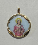 Vintage NOS 10KT Yellow Gold Enameled Saint Barbara & Sacred Heart of Jesus Scapular 23.7mm Medal