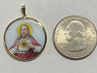 Vintage NOS 10KT Yellow Gold Enameled Saint Barbara & Sacred Heart of Jesus Scapular 23.7mm Medal