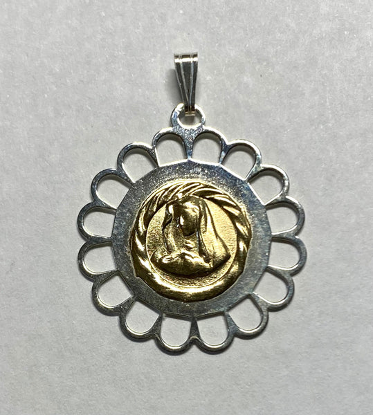 Sterling Silver and 14 Karat Yellow Gold Our Lady of Sorrows "Virgen Dolorosa" Filigree Scalloped Medal