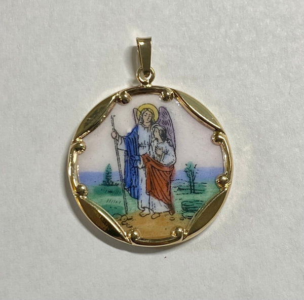 Vintage NOS 1970's 10K Enameled Saint Raphael "San Rafael" 23.7mm Round Medal