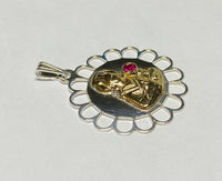 Sterling Silver and 14 Karat Yellow Gold Saint Barbara Filigree Scalloped Medal with Lab Created Ruby