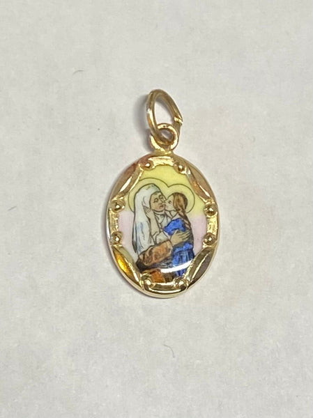 Vintage NOS 10K Yellow Gold Enameled Saint Ann 13mm x 10mm Oval Medal