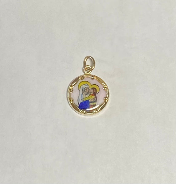 Vintage NOS 10K Yellow Gold Enameled Saint Ann 12.8mm Round Medal