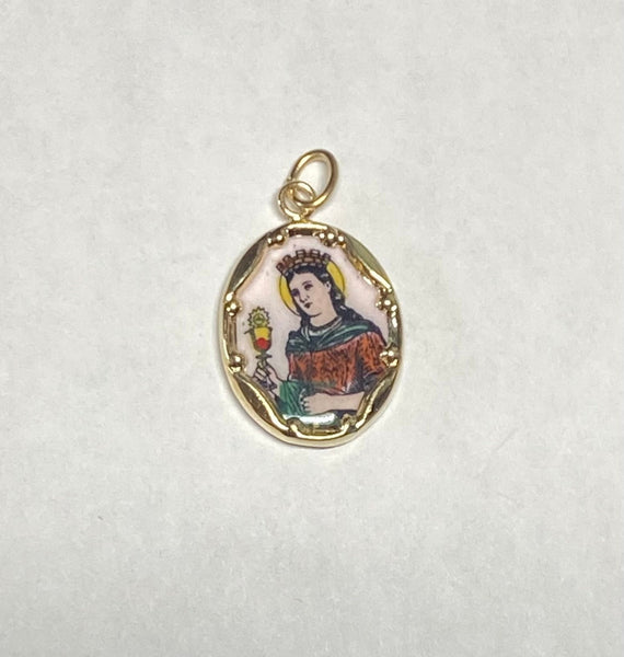 Vintage NOS 10K Yellow Gold Enameled Saint Barbara 17mm x 13mm Oval Medal