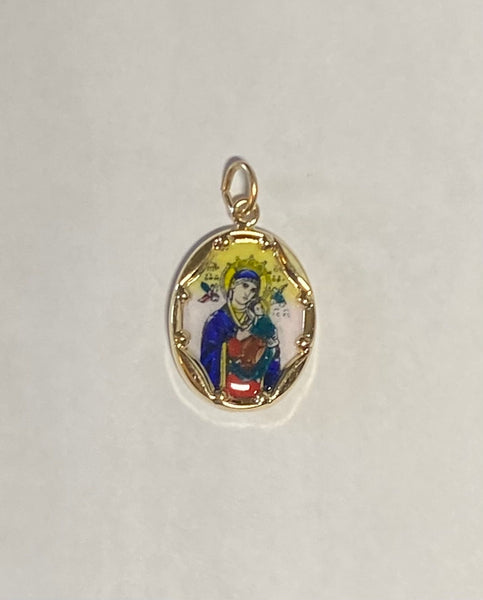 Vintage NOS 10K Yellow Gold Enameled Our Lady of Perpetual Help 17mm x 13mm Oval Medal