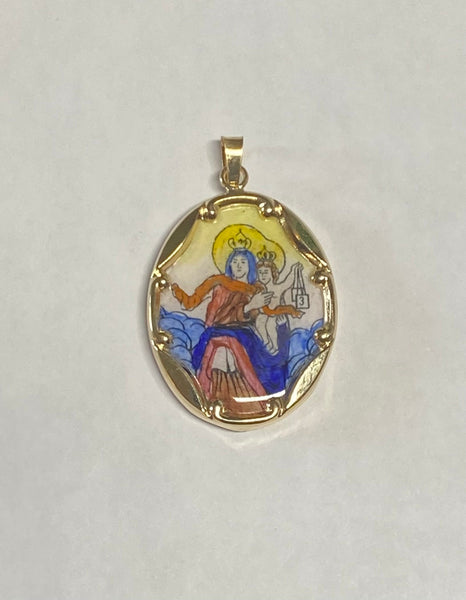 Vintage NOS 10K Ylw Gold Enameled Our Lady of Mt. Carmel "Virgen del Carmen" 25mm x 20mm Oval Medal