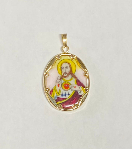 Vintage NOS 10K Yellow Gold Enameled Sacred Heart "Sagrado Corazon" 25mm x 20mm Oval Medal