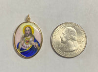 Vintage NOS 10K Yellow Gold Enameled Saint Anne and Sacred Heart 25mm x 20mm Oval Scapular Medal