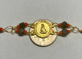 14 Karat Yellow Gold Genuine Azabache Jet-Coral "Caridad del Cobre" Medal 7" Curb Bracelet