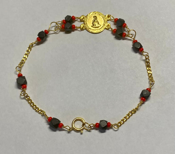 14 Karat Yellow Gold Genuine Azabache Jet-Coral "Caridad del Cobre" Medal 7" Curb Bracelet