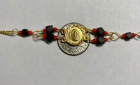 14 Karat Yellow Gold Genuine Azabache Jet-Coral Our Lady of Guadalupe Medal 7" Curb Bracelet