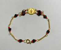 14K Yellow Gold Genuine Azabache Jet-Coral Miraculous "Milagrosa" Medal 7" Curb Bracelet