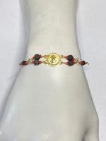 14K Yellow Gold Genuine Azabache Jet-Coral Ecce Homo "Gran Poder de Jesus" Medal 7" Curb Bracelet