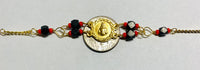 14 Karat Yellow Gold Genuine Azabache Jet-Coral Saint Barbara Medal 7.5" Curb Bracelet