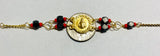 14 Karat Yellow Gold Genuine Azabache Jet-Coral Saint Barbara Medal 7.5" Curb Bracelet