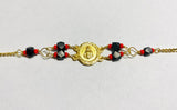 14 Karat Yellow Gold Genuine Azabache Jet-Coral Saint Barbara Medal 7.5" Curb Bracelet