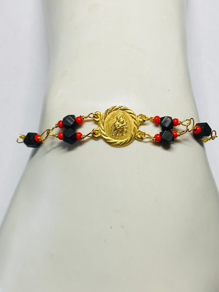 14K Gold Genuine Azabache Jet-Coral Our Lady of Mount Carmel "Virgen del Carmen" Medal 7.5" Curb Bracelet