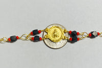 14K Gold Genuine Azabache Jet-Coral Our Lady of Mount Carmel "Virgen del Carmen" Medal 7.5" Curb Bracelet