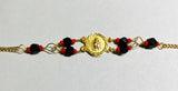 14K Gold Genuine Azabache Jet-Coral Our Lady of Mount Carmel "Virgen del Carmen" Medal 7.5" Curb Bracelet