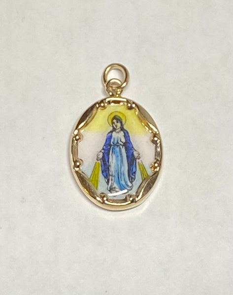 Vintage NOS 10K Enameled Miraculous Virgin Mary "Milagrosa" 17mm x 13mm Oval Medal