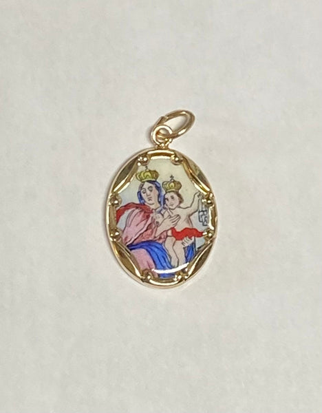 Vintage NOS 10K Yellow Gold Enameled Our Lady of Mt Carmel "Virgen del Carmen" 17mm x 13mm Oval Medal