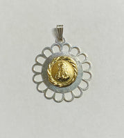 Sterling Silver and 14K Yellow Gold Sacred Heart of Jesus "Sagrado Corazon" Filigree Scalloped Medal