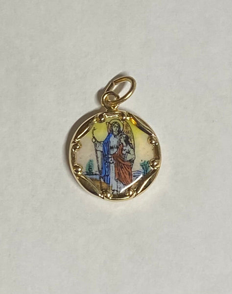 Vintage NOS 10K Yellow Gold Enameled Saint Raphael "San Rafael" 12.8mm Round Medal