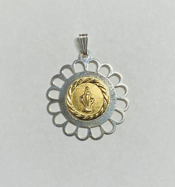 Sterling Silver and 14 Karat Yellow Gold Miraculous Virgin Mary "Milagrosa" Filigree Scalloped Medal