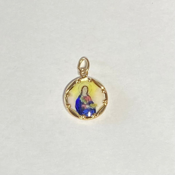 Vintage NOS 10K Yellow Gold Enameled Saint Lucy 12.8mm Medal