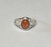 Sterling Silver Oval 8mm x 6mm Brown Goldstone "Venturina" Dainty Filigree Ladies Ring