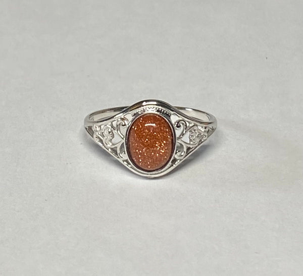 Sterling Silver Oval 8mm x 6mm Brown Goldstone "Venturina" Dainty Filigree Ladies Ring