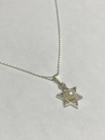 Vintage NOS 1960's Sterling Silver Genuine Freshwater Pearl Star of David Pendant with Curb Chain